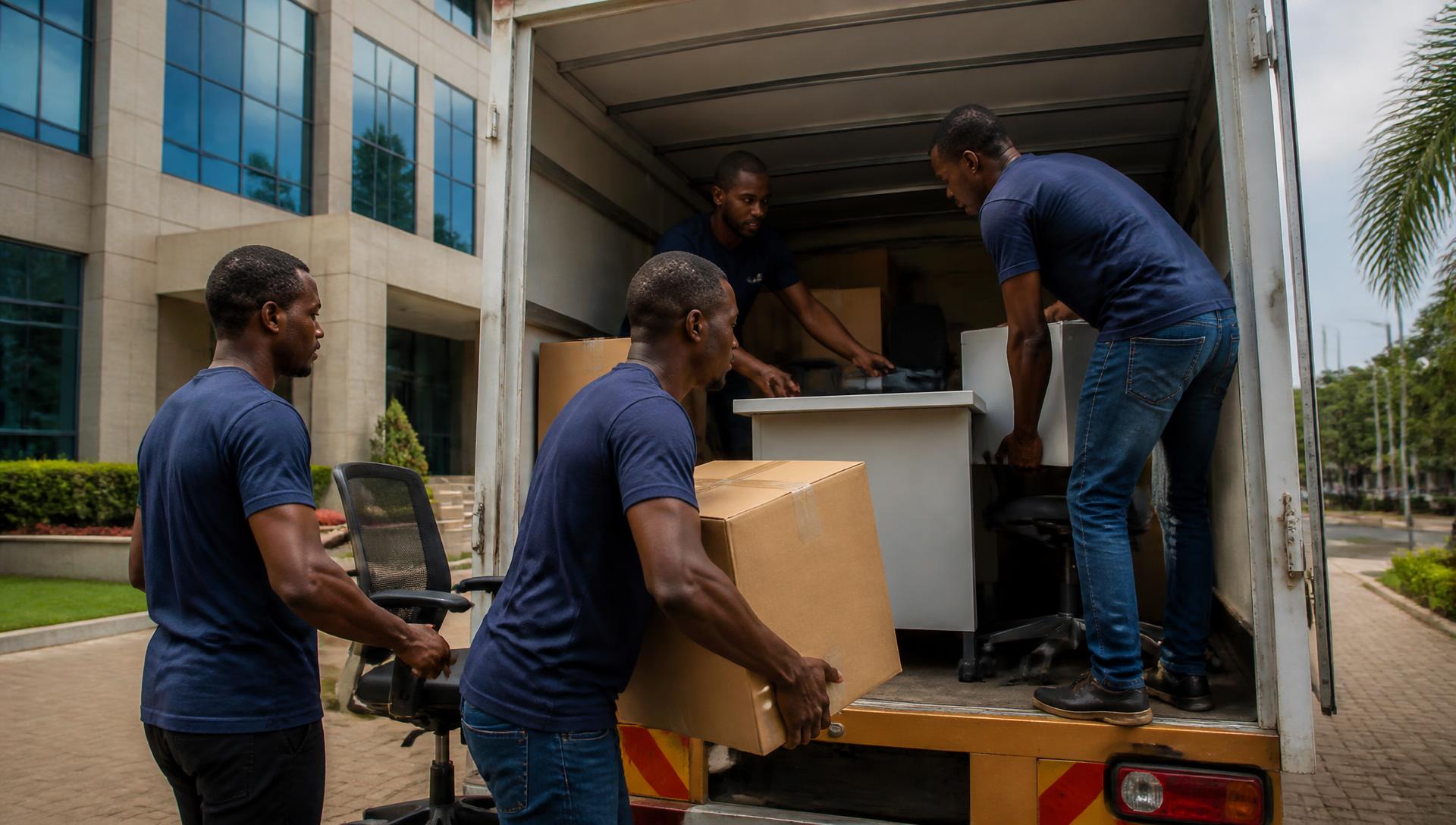 Kejani Express Movers crew in blue branded t-shirts loading office desks, chairs and boxes into a truck in Nairobi